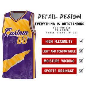 Custom Purple Yellow-White Tear Graffiti Pattern Sports Uniform Basketball Jersey