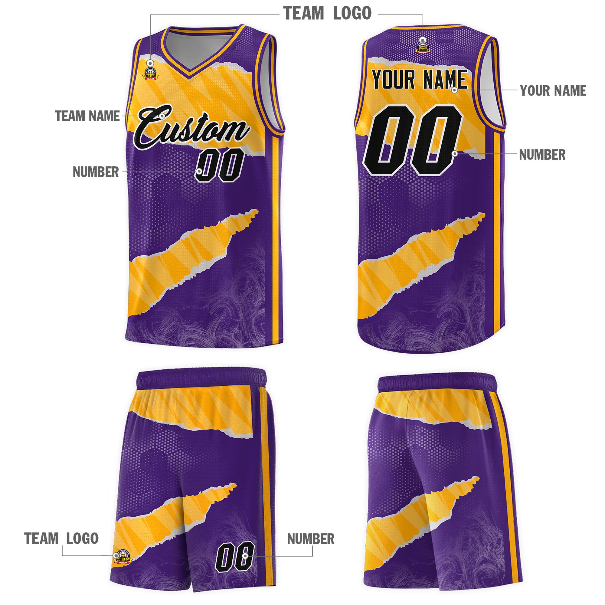 Custom Purple Yellow-White Tear Graffiti Pattern Sports Uniform Basketball Jersey