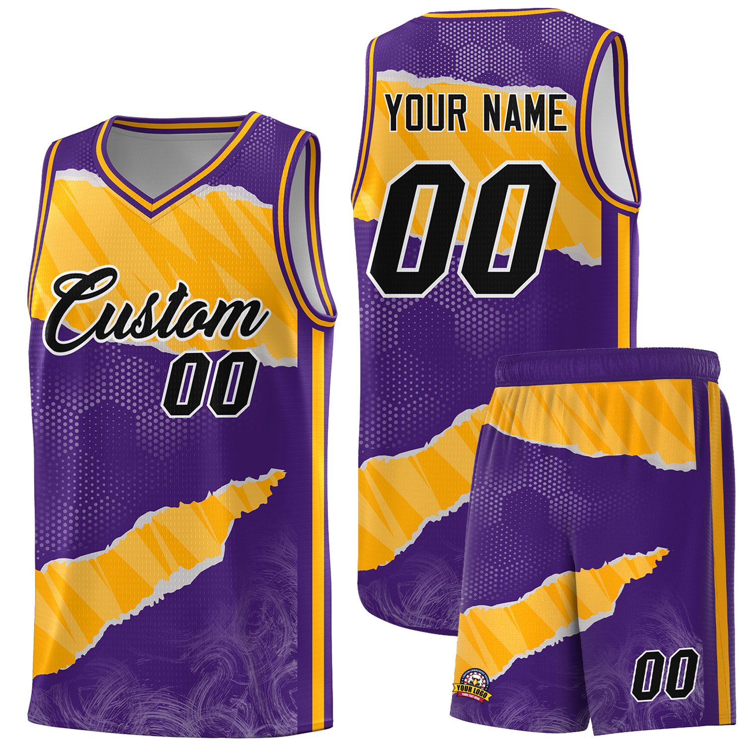 Custom Purple Yellow-White Tear Graffiti Pattern Sports Uniform Basketball Jersey