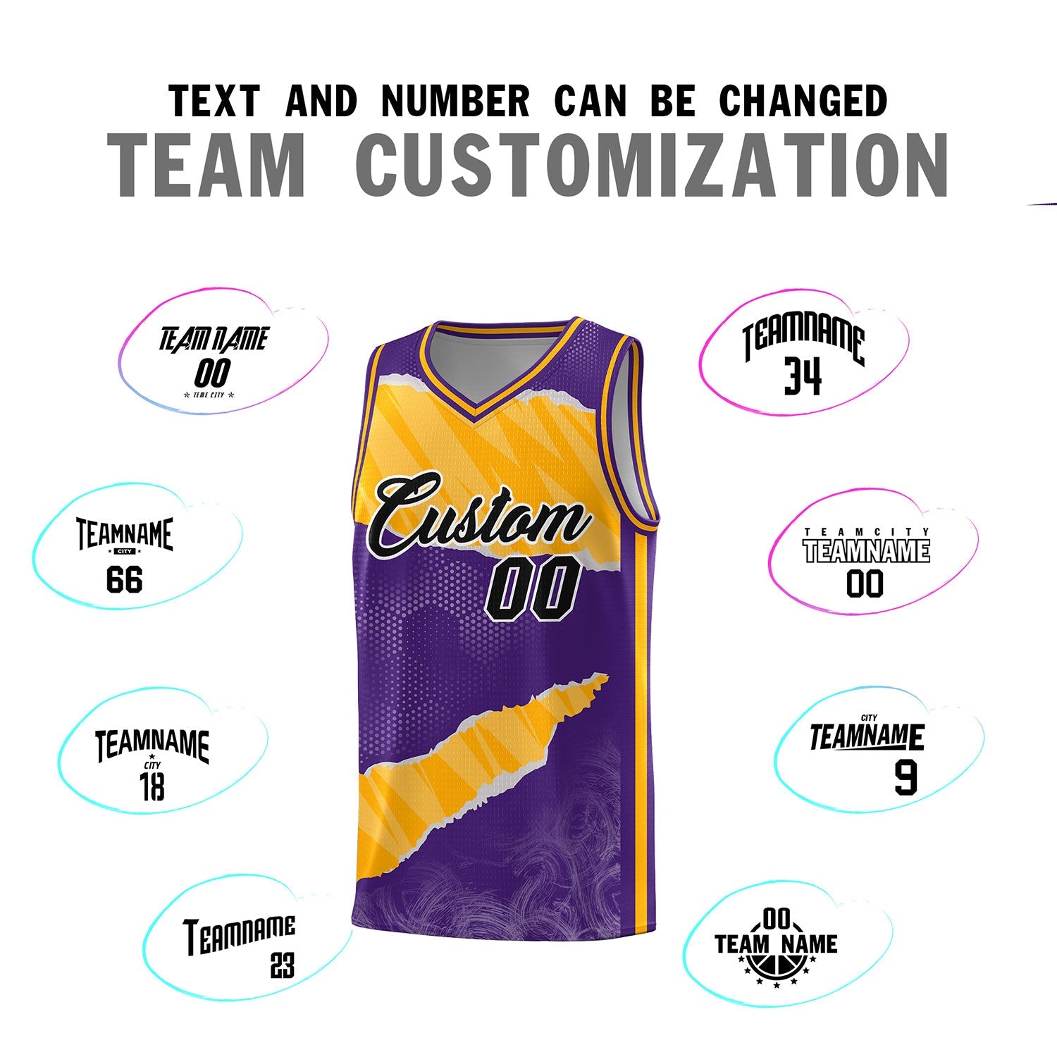 Custom Purple Yellow-White Tear Graffiti Pattern Sports Uniform Basketball Jersey