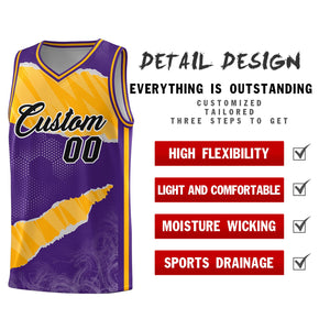 Custom Purple Yellow-White Tear Graffiti Pattern Sports Uniform Basketball Jersey