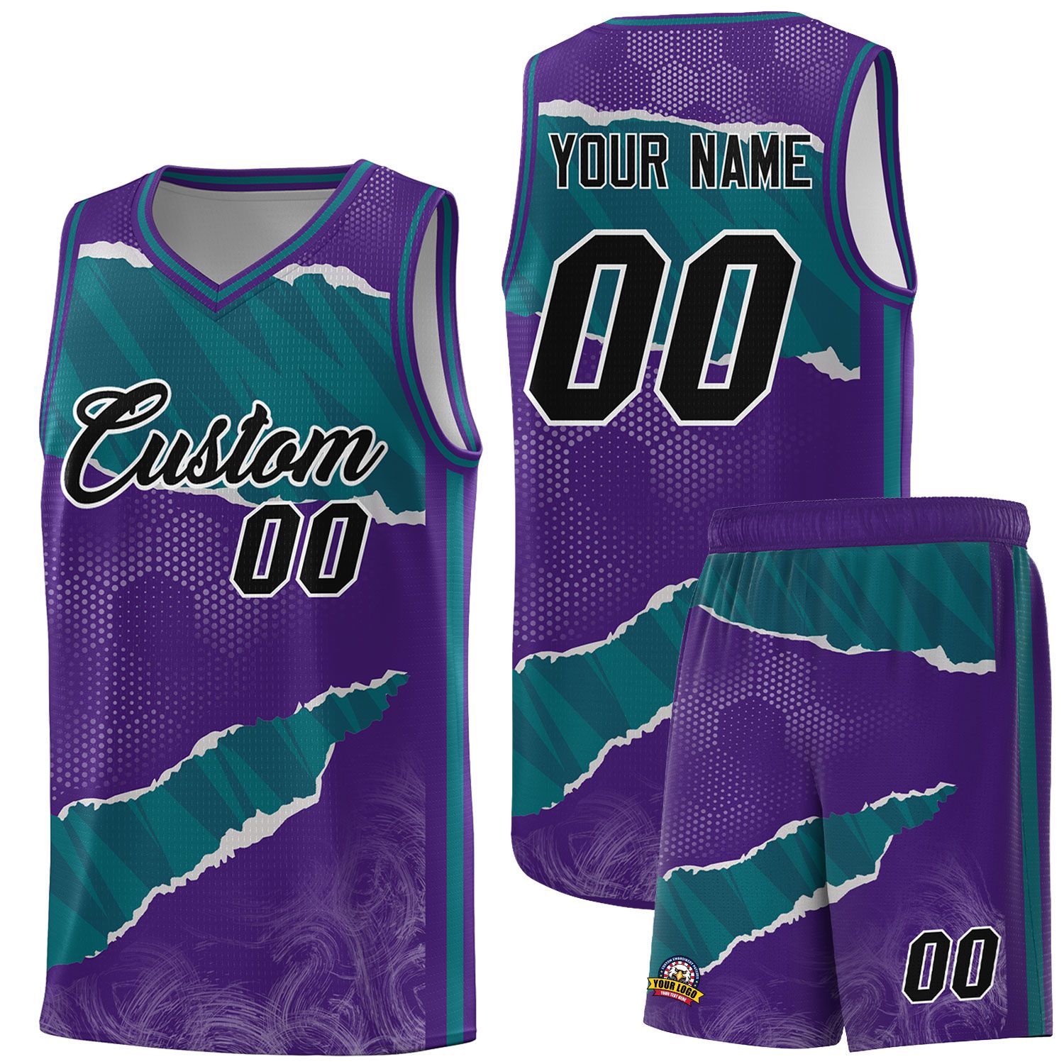 Custom Purple Aqua-Black Tear Graffiti Pattern Sports Uniform Basketball Jersey