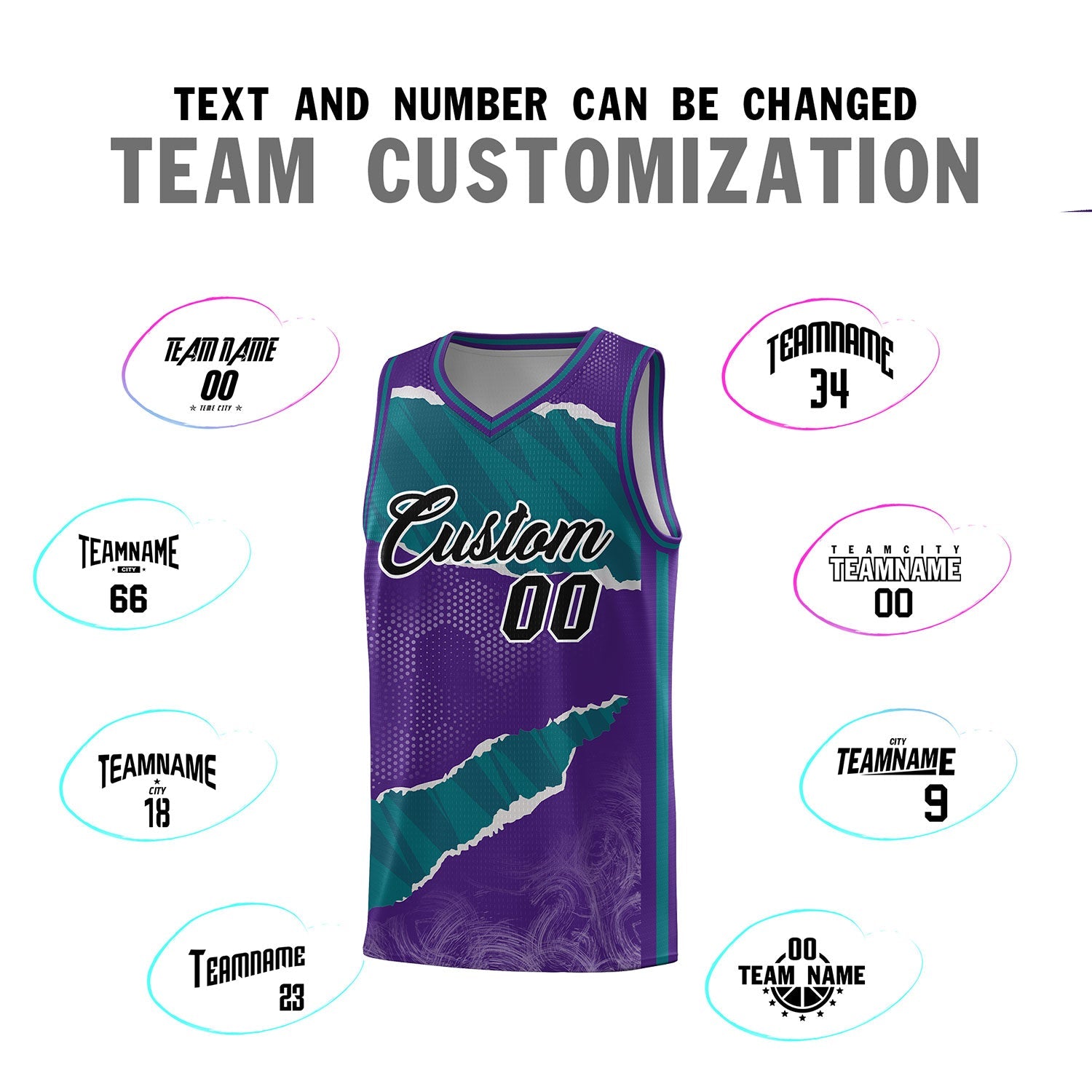 Custom Purple Aqua-Black Tear Graffiti Pattern Sports Uniform Basketball Jersey