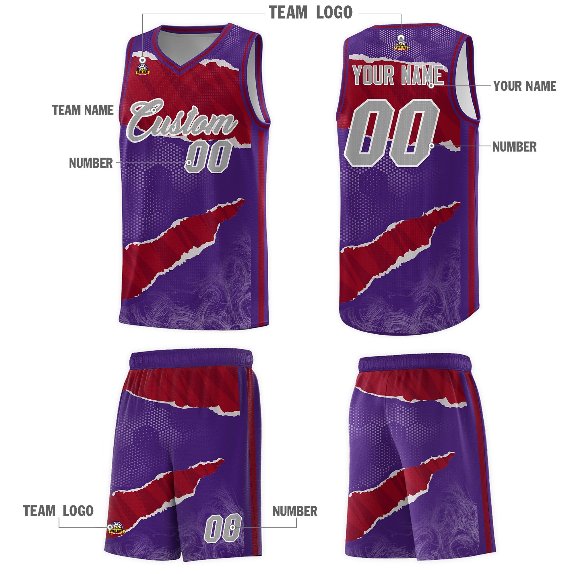 Custom Purple Crimson-Black Tear Graffiti Pattern Sports Uniform Basketball Jersey