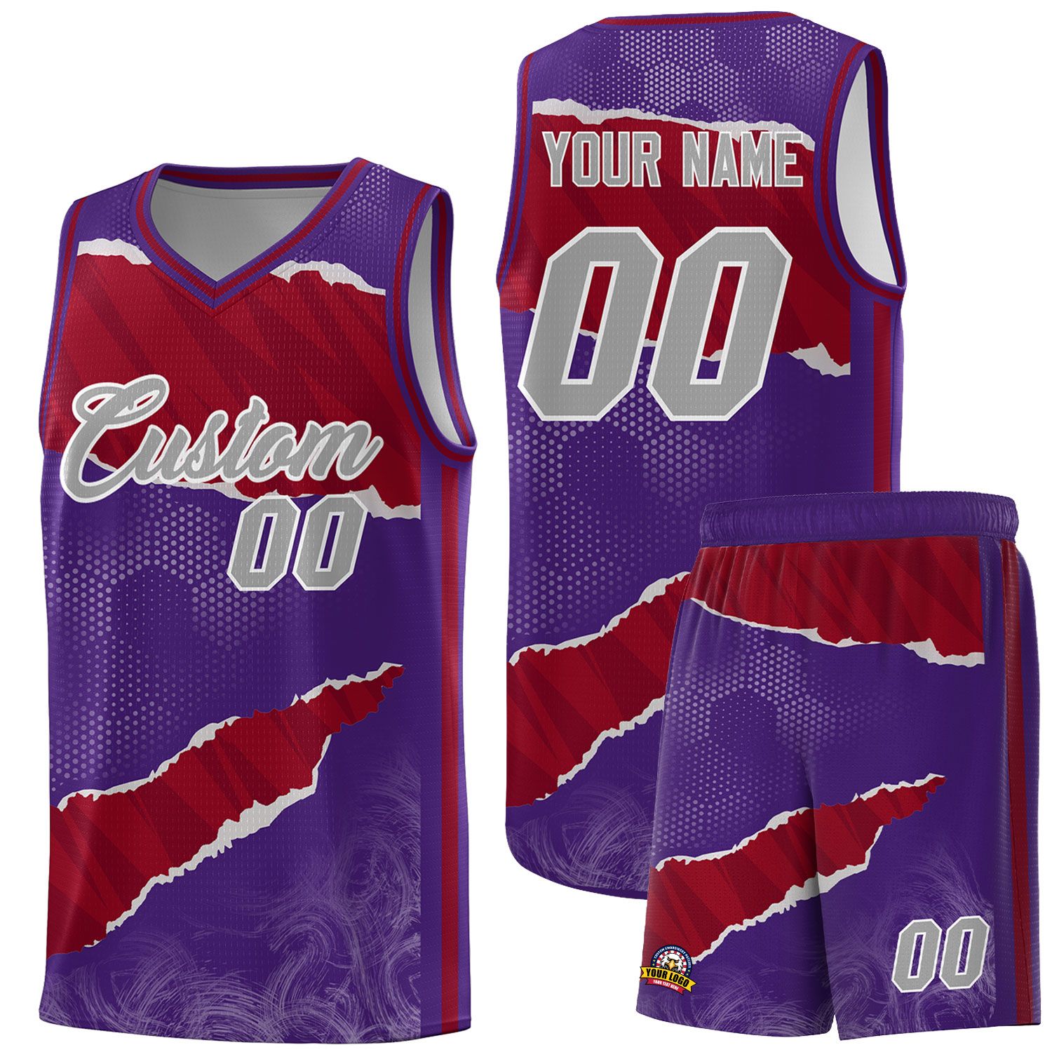 Custom Purple Crimson-Black Tear Graffiti Pattern Sports Uniform Basketball Jersey