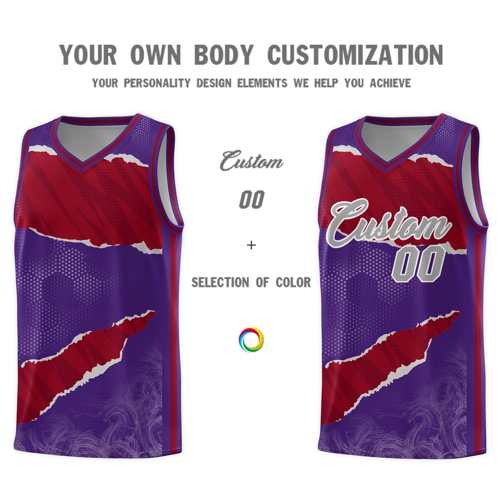 Custom Purple Crimson-Black Tear Graffiti Pattern Sports Uniform Basketball Jersey