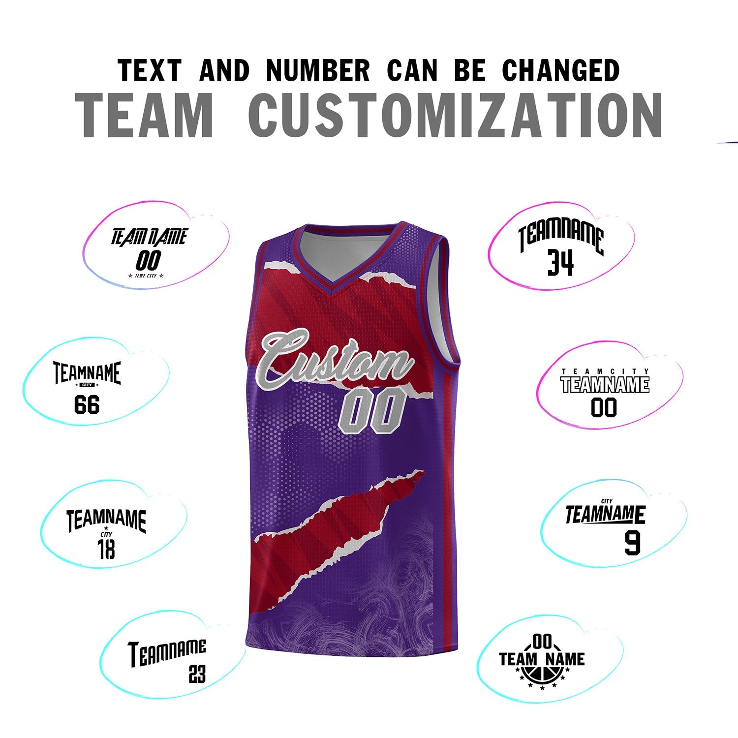 Custom Purple Crimson-Black Tear Graffiti Pattern Sports Uniform Basketball Jersey