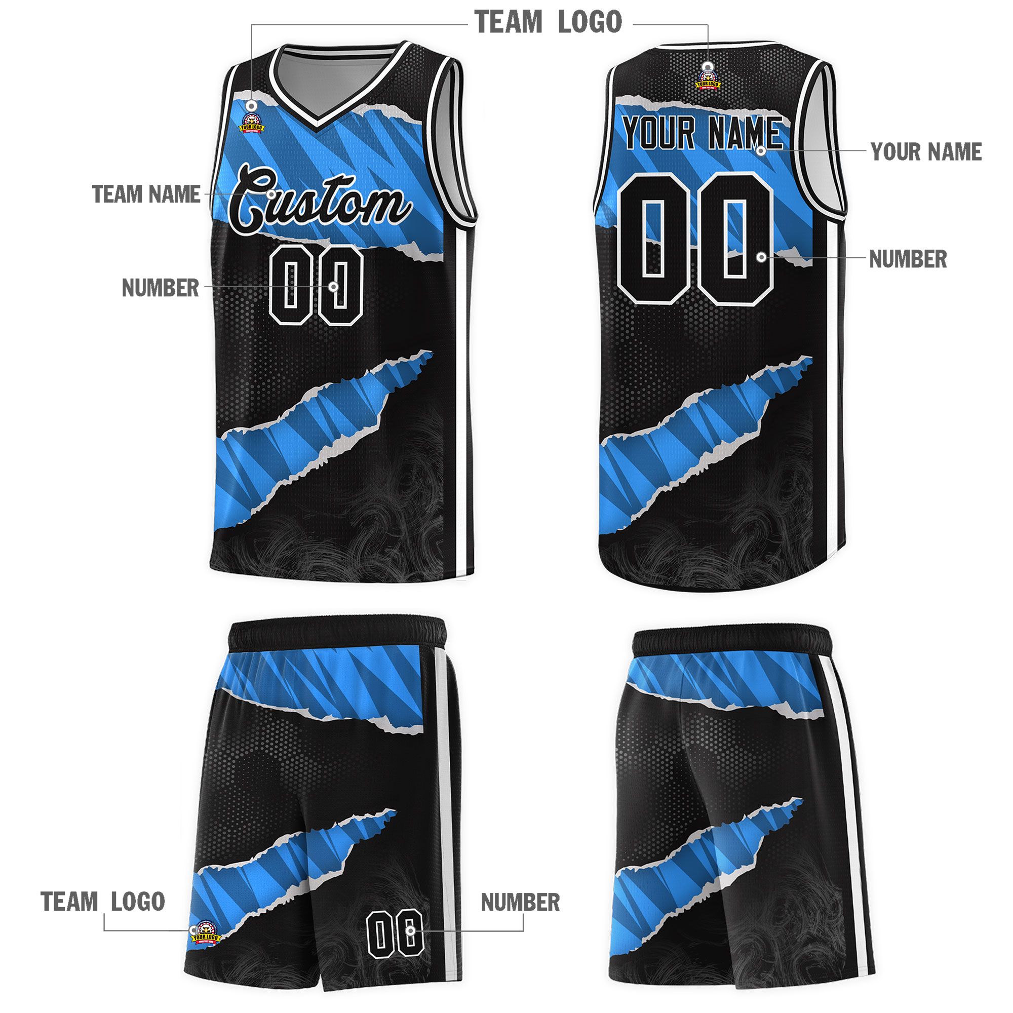 Custom Black Light Blue-Navy Tear Graffiti Pattern Sports Uniform Basketball Jersey