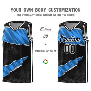 Custom Black Light Blue-Navy Tear Graffiti Pattern Sports Uniform Basketball Jersey