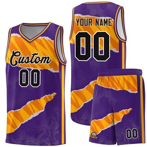 Custom Purple Yellow-Orange Tear Graffiti Pattern Sports Uniform Basketball Jersey