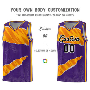 Custom Purple Yellow-Orange Tear Graffiti Pattern Sports Uniform Basketball Jersey