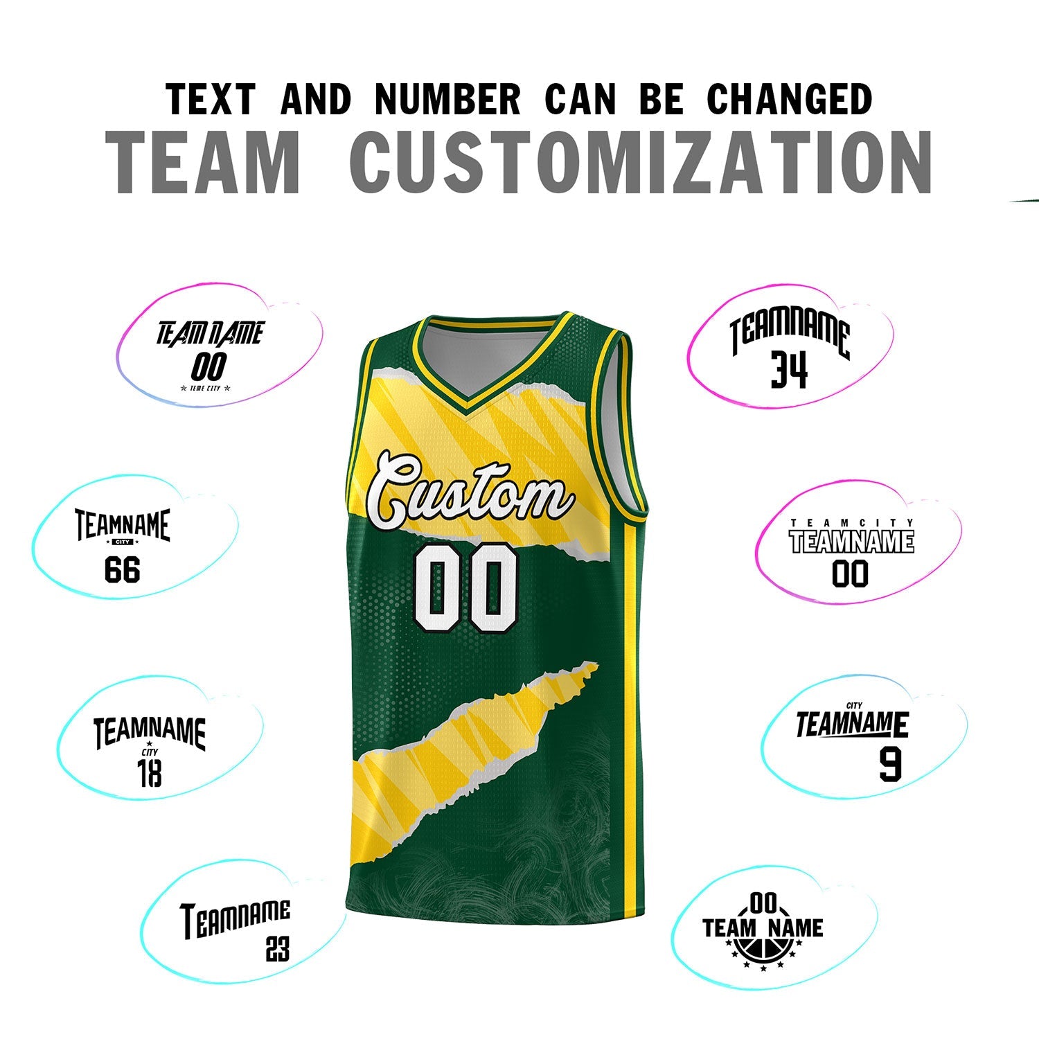 Custom Hunter Green Gold-White Tear Graffiti Pattern Sports Uniform Basketball Jersey