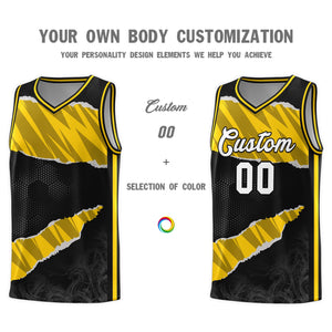 Custom Black Gold-Black Tear Graffiti Pattern Sports Uniform Basketball Jersey