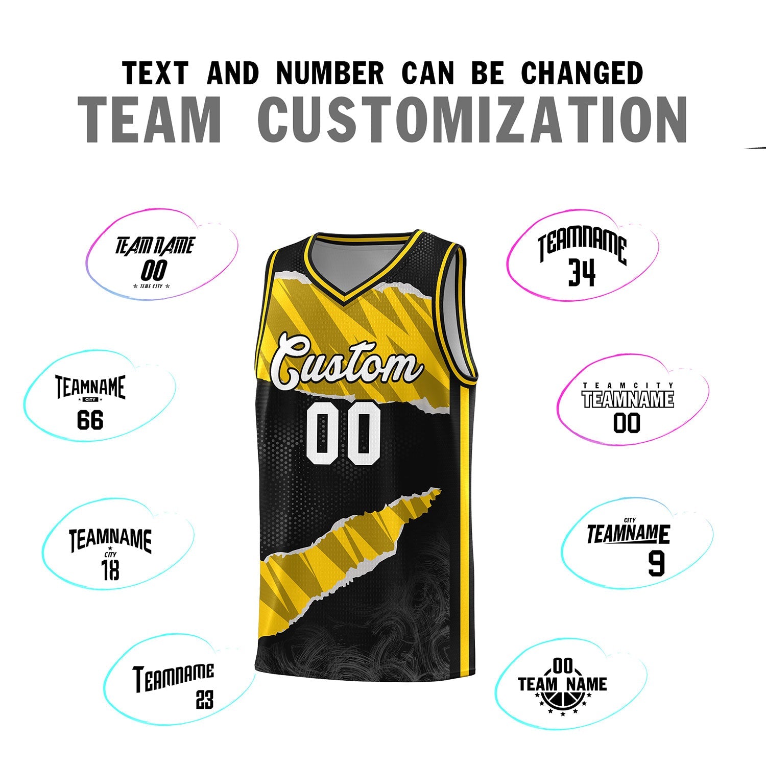 Custom Black Gold-Black Tear Graffiti Pattern Sports Uniform Basketball Jersey