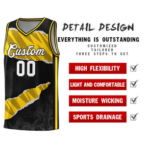 Custom Black Gold-Black Tear Graffiti Pattern Sports Uniform Basketball Jersey