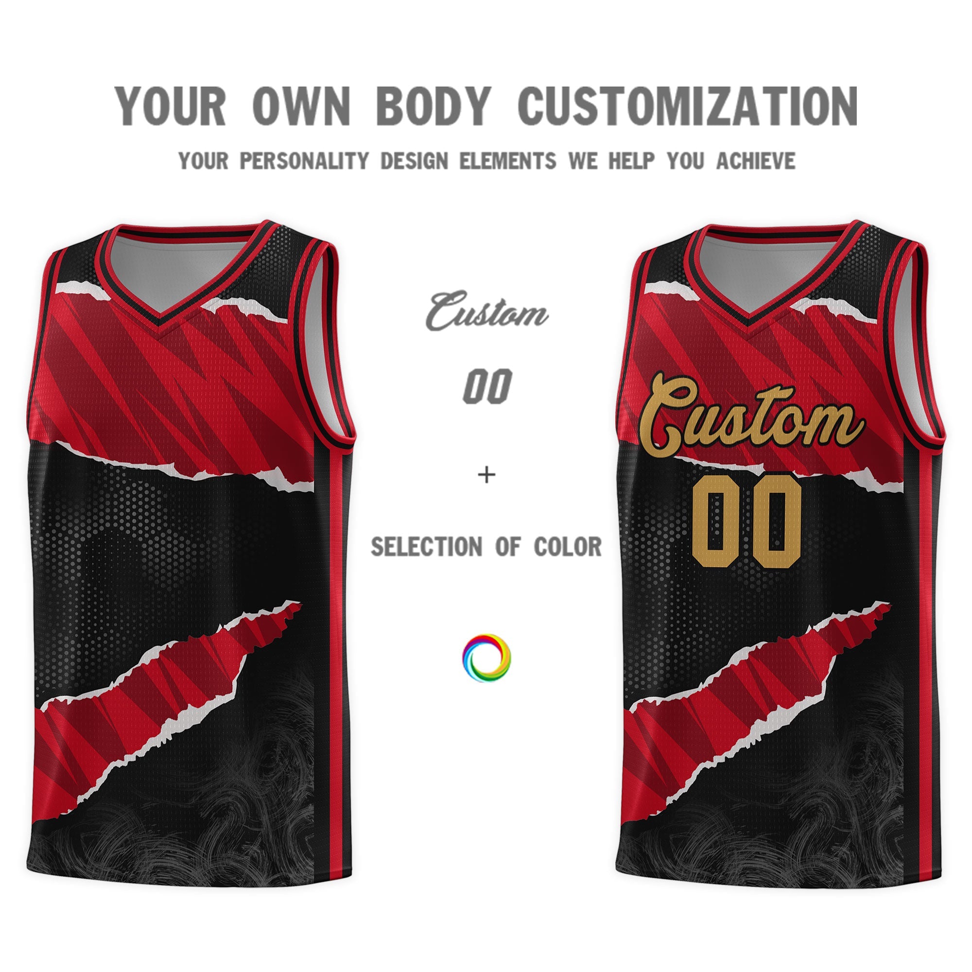 Custom Black Red-Black Tear Graffiti Pattern Sports Uniform Basketball Jersey