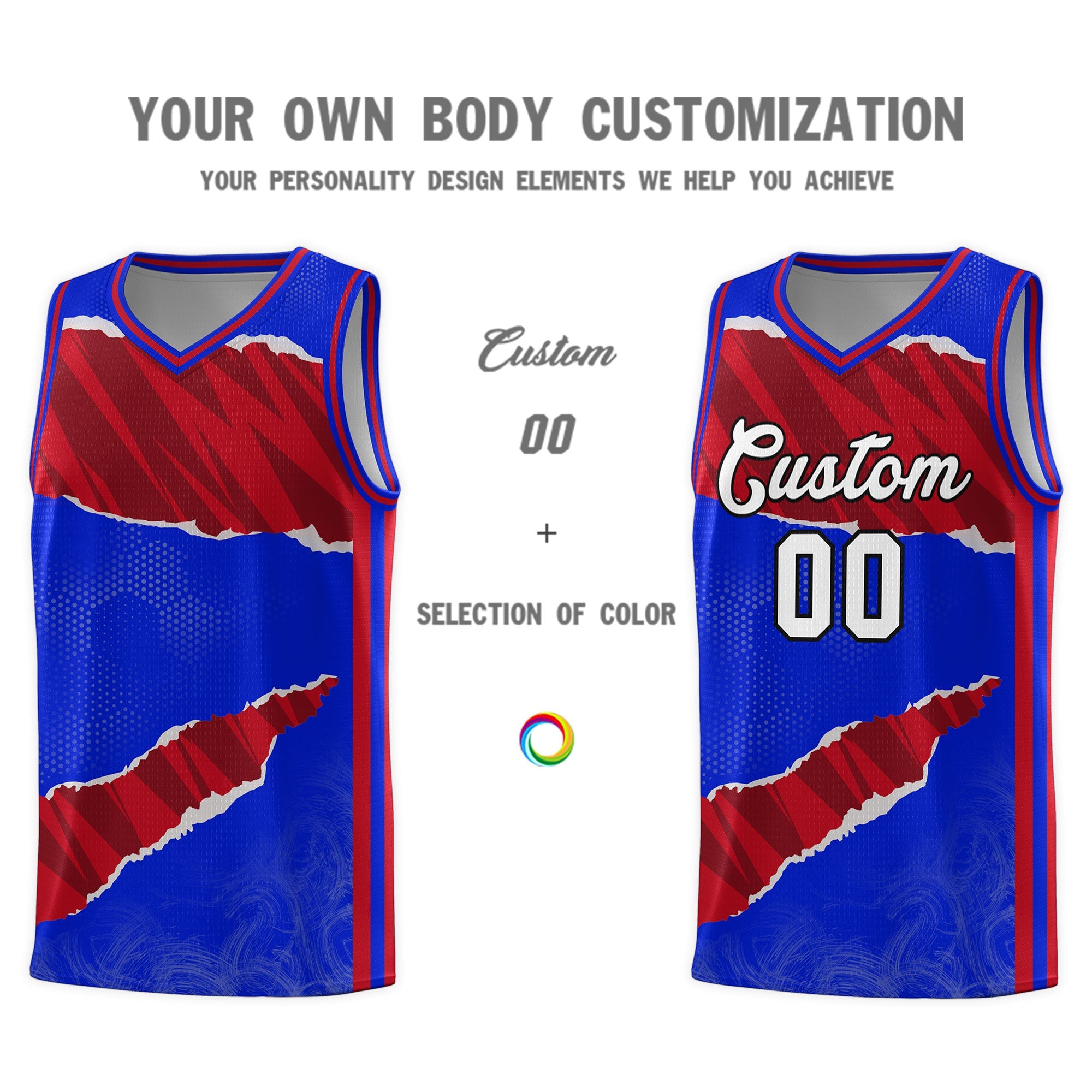 Custom Royal Red-Black Tear Graffiti Pattern Sports Uniform Basketball Jersey