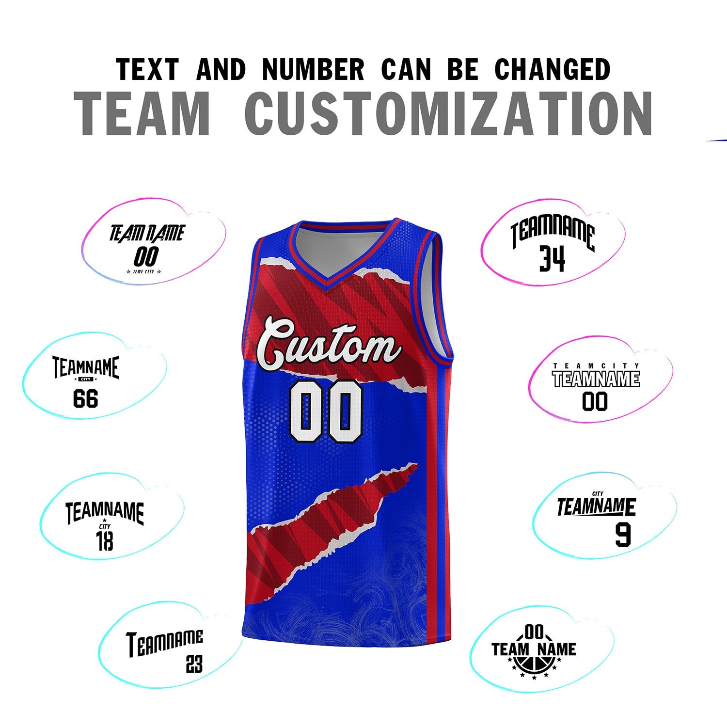 Custom Royal Red-Black Tear Graffiti Pattern Sports Uniform Basketball Jersey