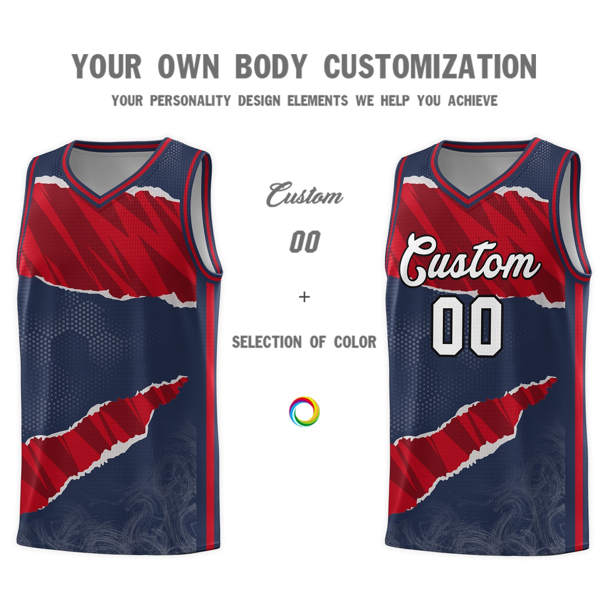 Custom Midnight Blue Red-Black Tear Graffiti Pattern Sports Uniform Basketball Jersey