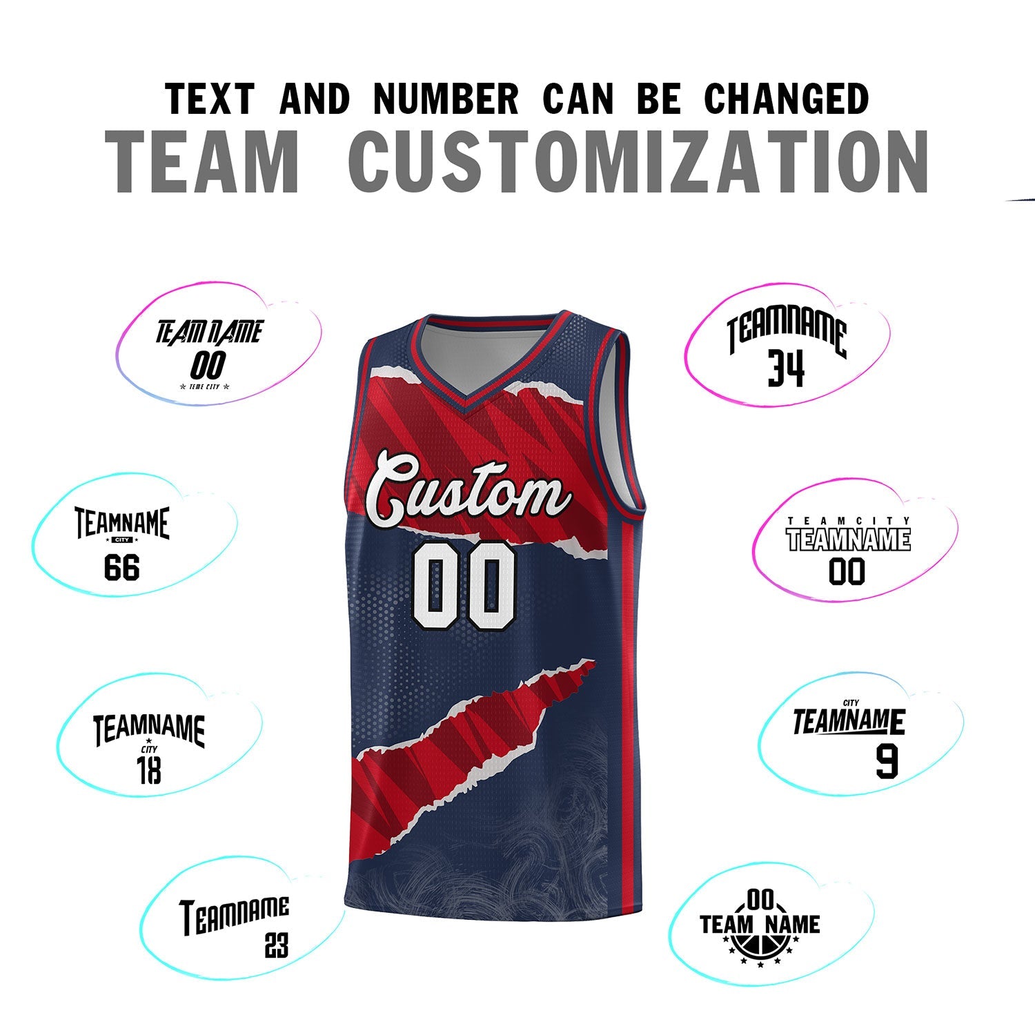 Custom Midnight Blue Red-Black Tear Graffiti Pattern Sports Uniform Basketball Jersey