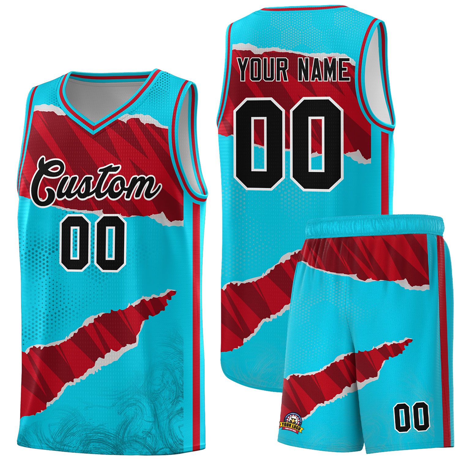 Custom Sky Blue Red-Black Tear Graffiti Pattern Sports Uniform Basketball Jersey