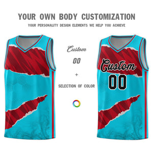 Custom Sky Blue Red-Black Tear Graffiti Pattern Sports Uniform Basketball Jersey