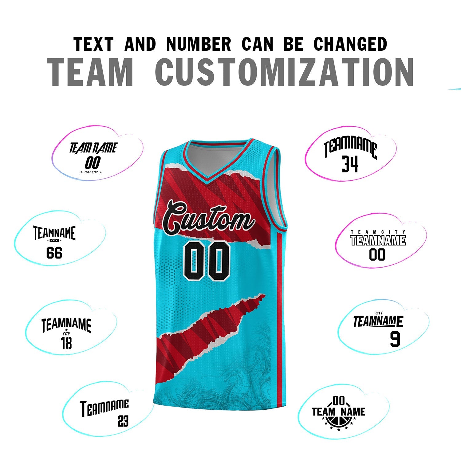 Custom Sky Blue Red-Black Tear Graffiti Pattern Sports Uniform Basketball Jersey