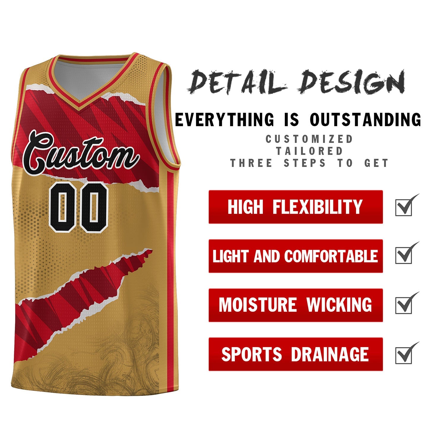 Custom Old Gold Red-Black Tear Graffiti Pattern Sports Uniform Basketball Jersey