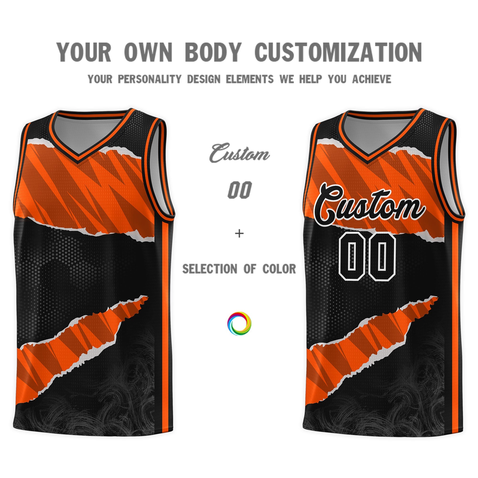 Custom Black Orange-Black Tear Graffiti Pattern Sports Uniform Basketball Jersey