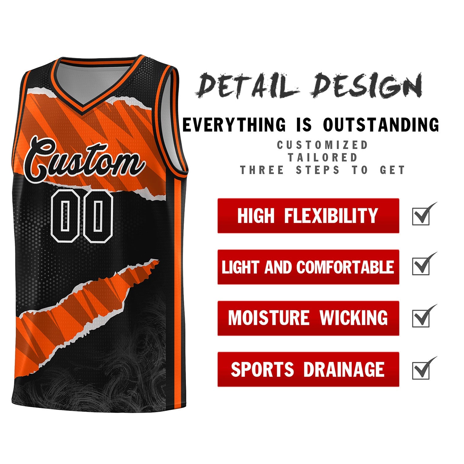 Custom Black Orange-Black Tear Graffiti Pattern Sports Uniform Basketball Jersey