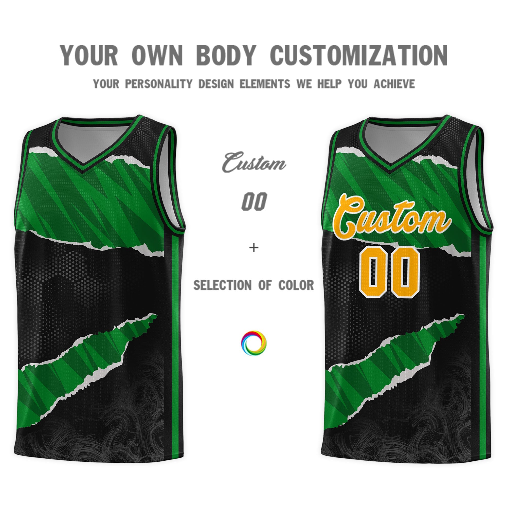 Custom Black Kelly Green-Black Tear Graffiti Pattern Sports Uniform Basketball Jersey