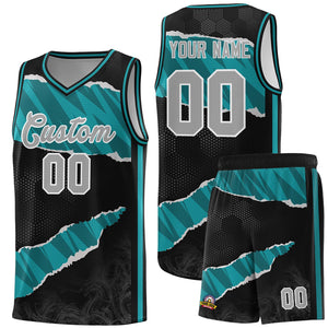 Custom Black Aqua-Black Tear Graffiti Pattern Sports Uniform Basketball Jersey