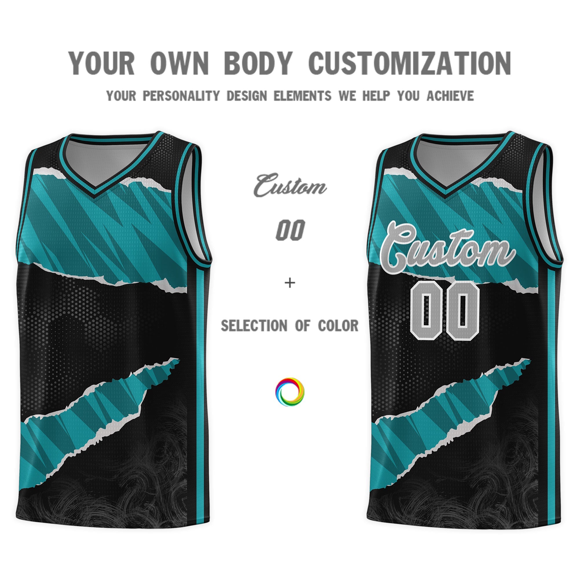 Custom Black Aqua-Black Tear Graffiti Pattern Sports Uniform Basketball Jersey