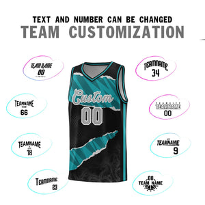 Custom Black Aqua-Black Tear Graffiti Pattern Sports Uniform Basketball Jersey