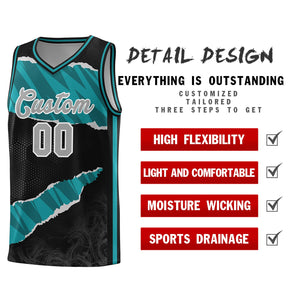 Custom Black Aqua-Black Tear Graffiti Pattern Sports Uniform Basketball Jersey