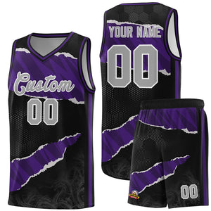 Custom Black Purple-Black Tear Graffiti Pattern Sports Uniform Basketball Jersey