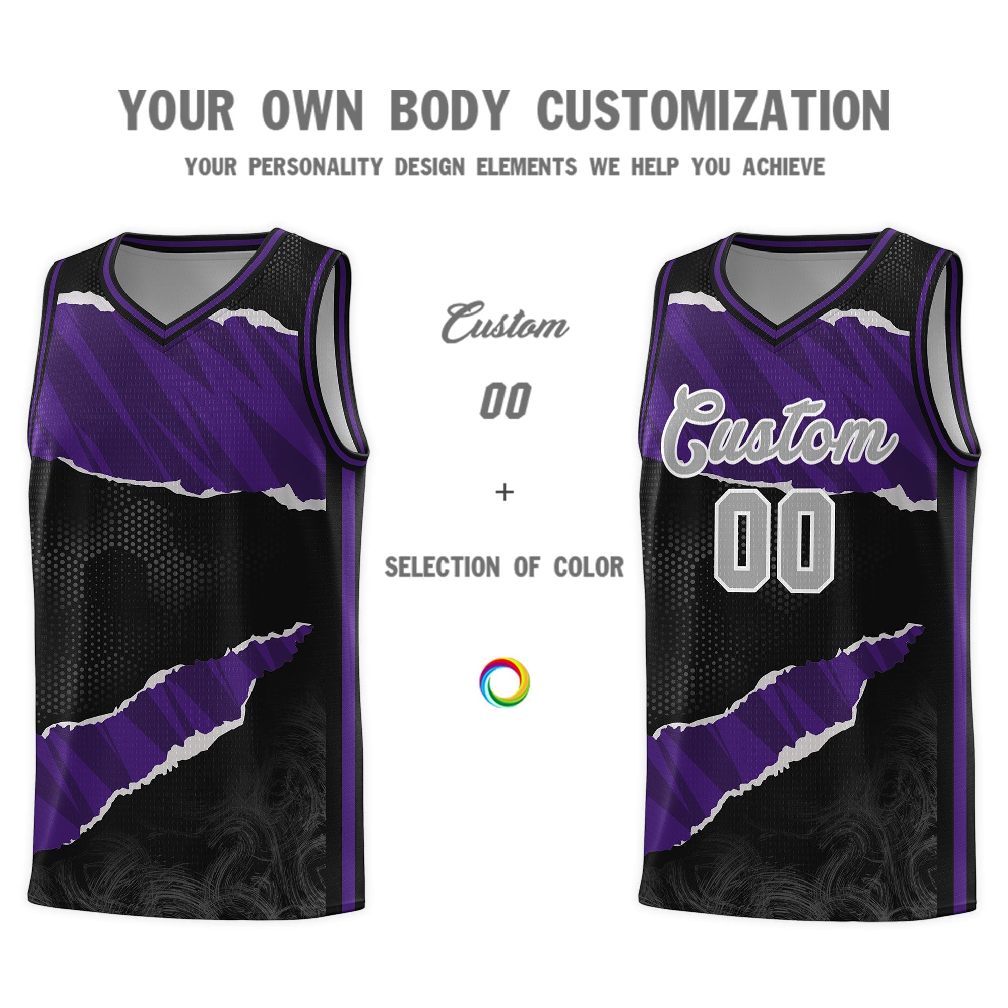 Custom Black Purple-Black Tear Graffiti Pattern Sports Uniform Basketball Jersey