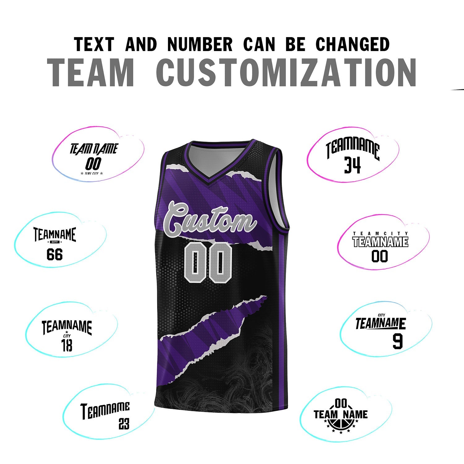 Custom Black Purple-Black Tear Graffiti Pattern Sports Uniform Basketball Jersey