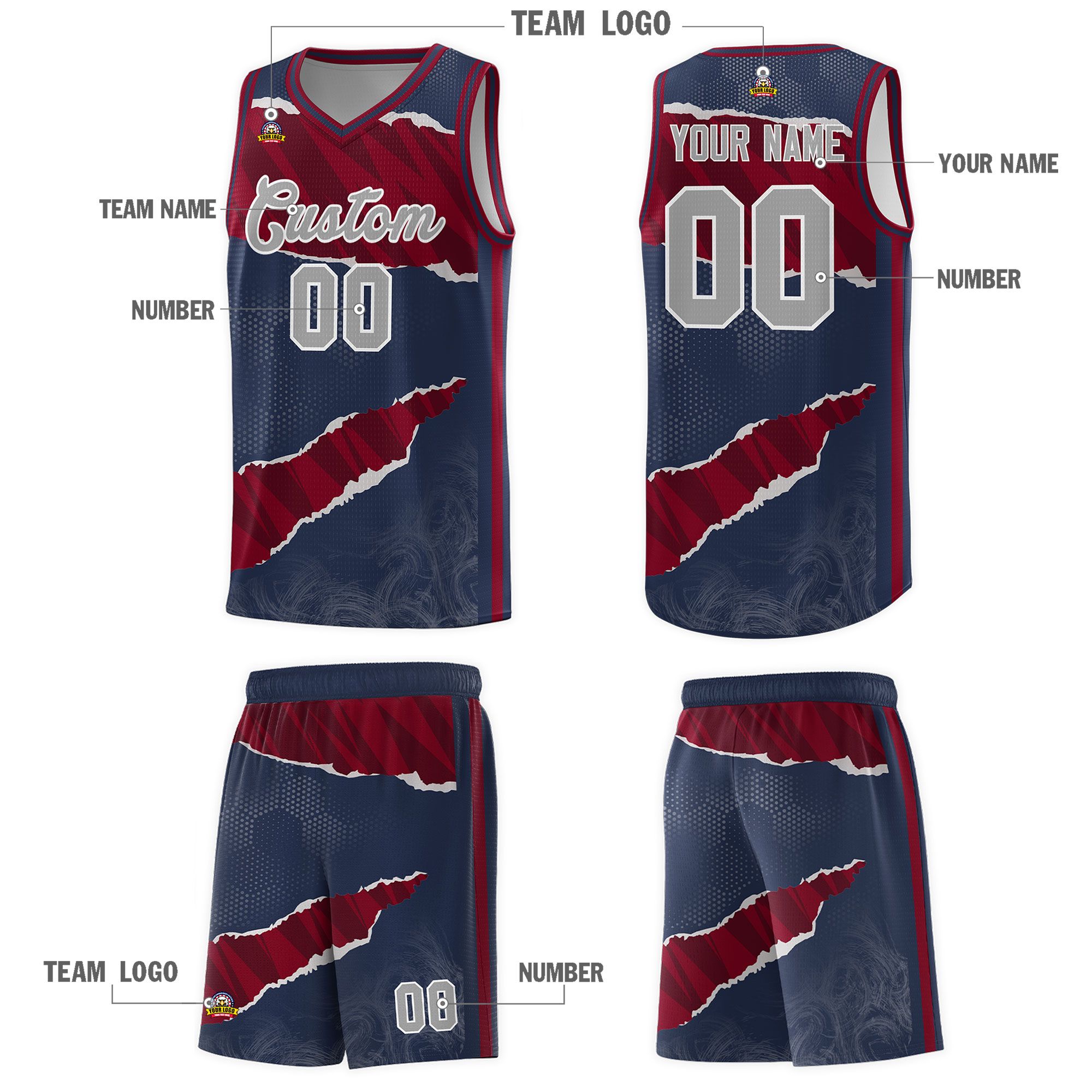 Custom Midnight Blue Crimson-Black Tear Graffiti Pattern Sports Uniform Basketball Jersey