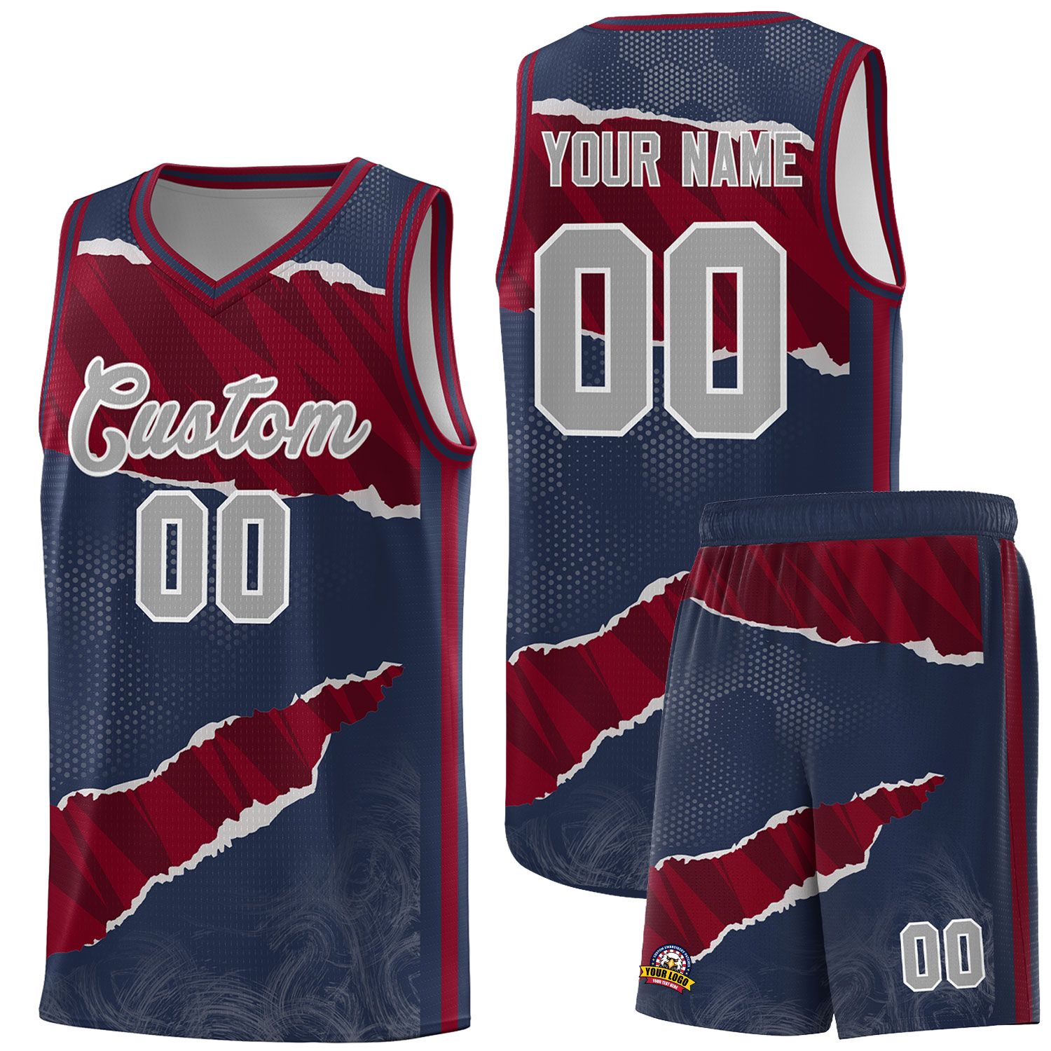 Custom Midnight Blue Crimson-Black Tear Graffiti Pattern Sports Uniform Basketball Jersey