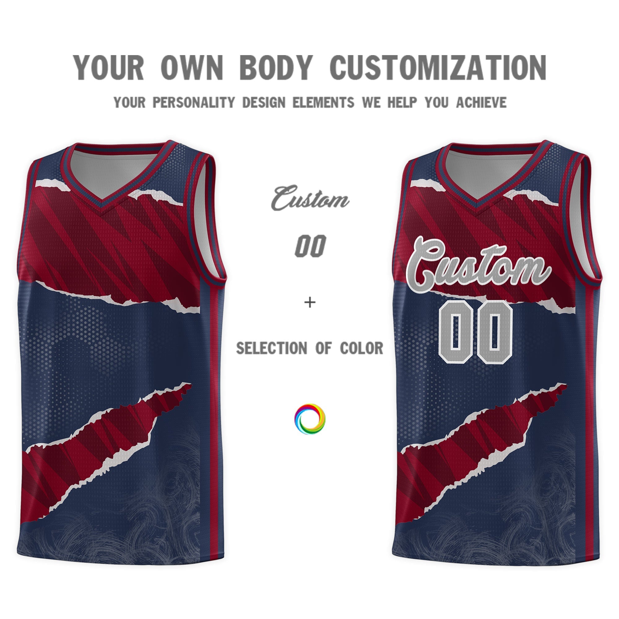 Custom Midnight Blue Crimson-Black Tear Graffiti Pattern Sports Uniform Basketball Jersey