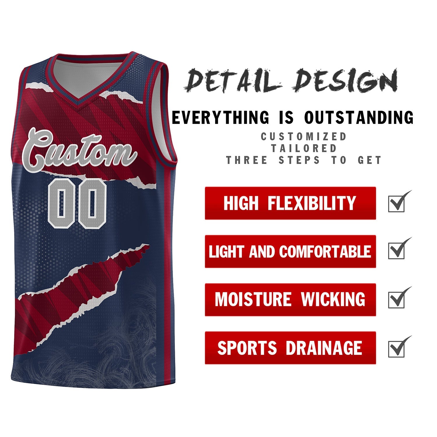 Custom Midnight Blue Crimson-Black Tear Graffiti Pattern Sports Uniform Basketball Jersey