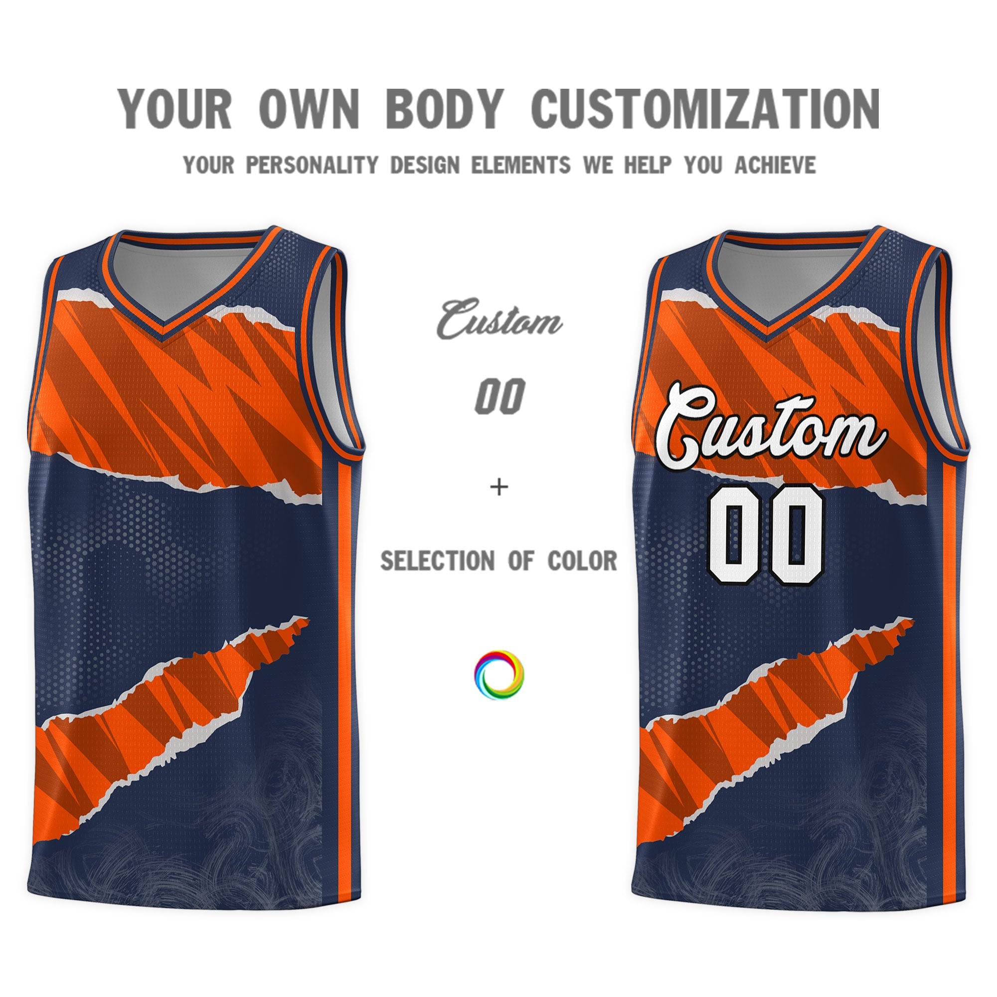 Custom Midnight Blue Orange-Black Tear Graffiti Pattern Sports Uniform Basketball Jersey