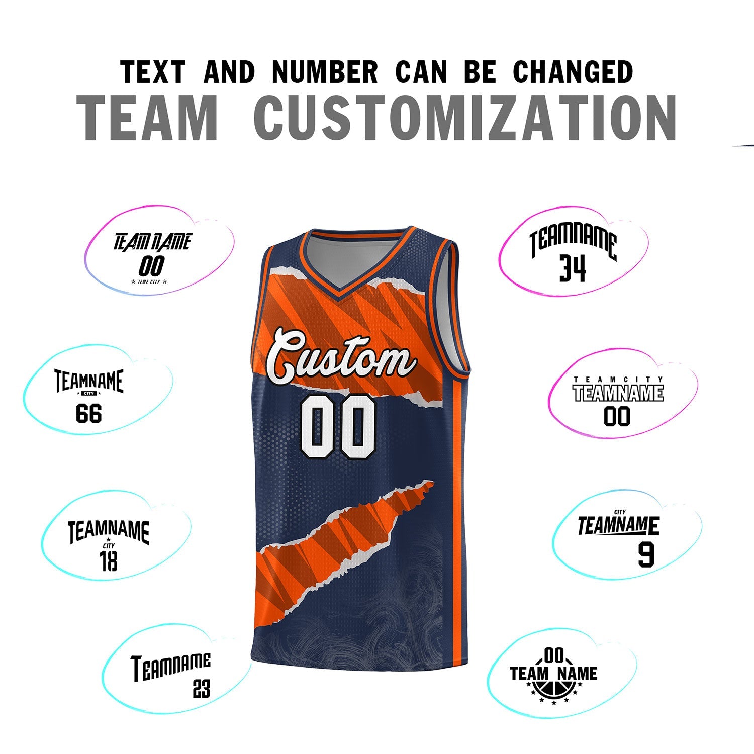 Custom Midnight Blue Orange-Black Tear Graffiti Pattern Sports Uniform Basketball Jersey