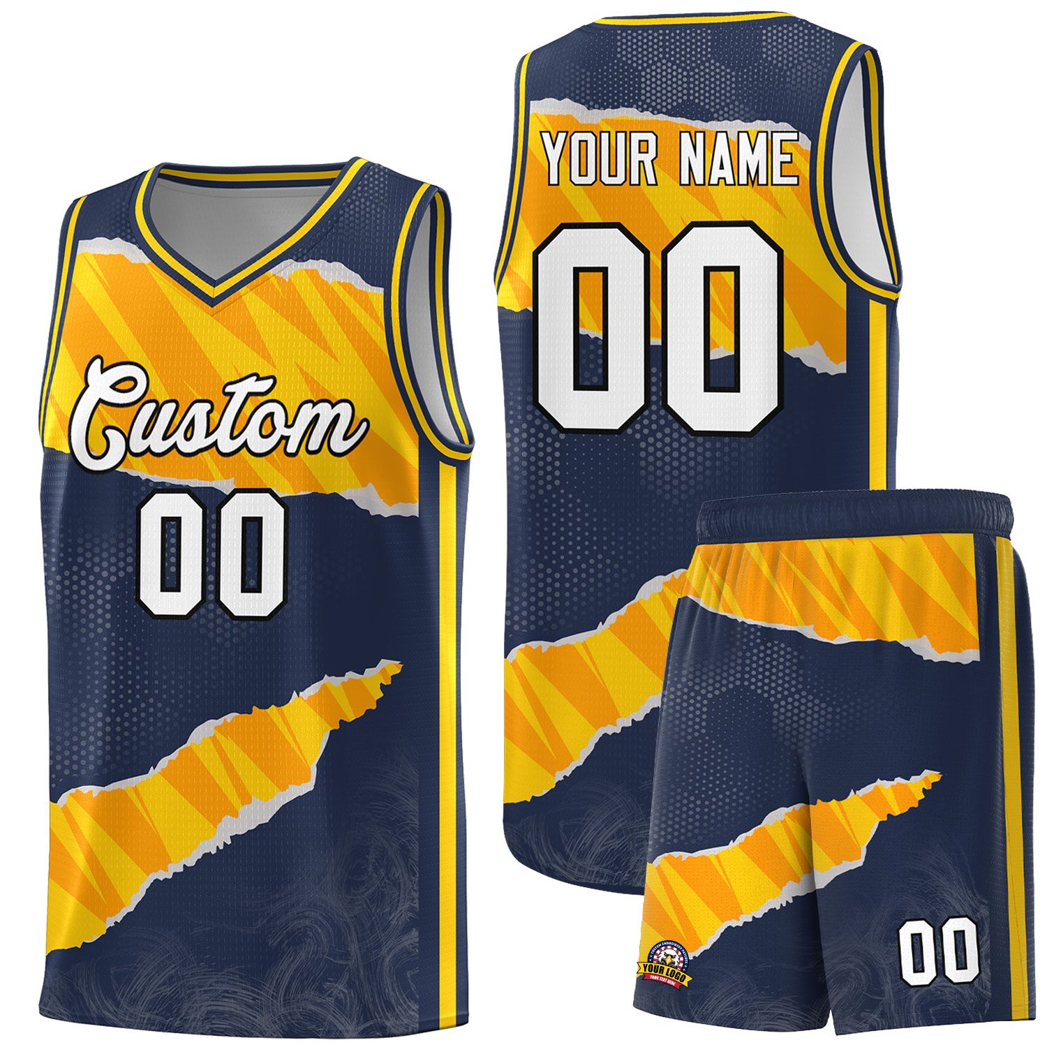 Custom Midnight Blue Gold-Orange Tear Graffiti Pattern Sports Uniform Basketball Jersey