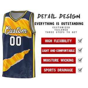 Custom Midnight Blue Gold-Orange Tear Graffiti Pattern Sports Uniform Basketball Jersey