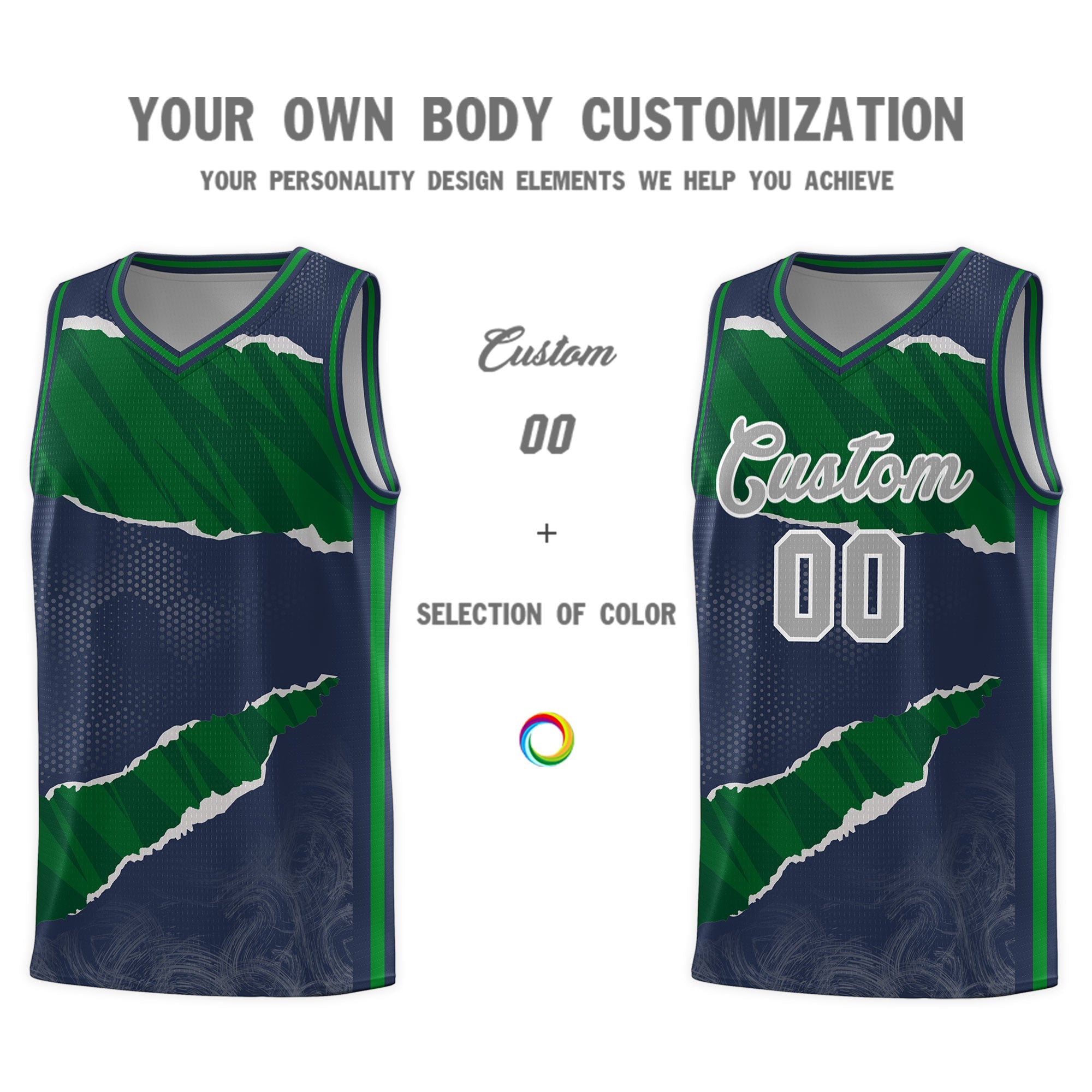 Custom Midnight Blue Kelly Green-Hunter Green Tear Graffiti Pattern Sports Uniform Basketball Jersey