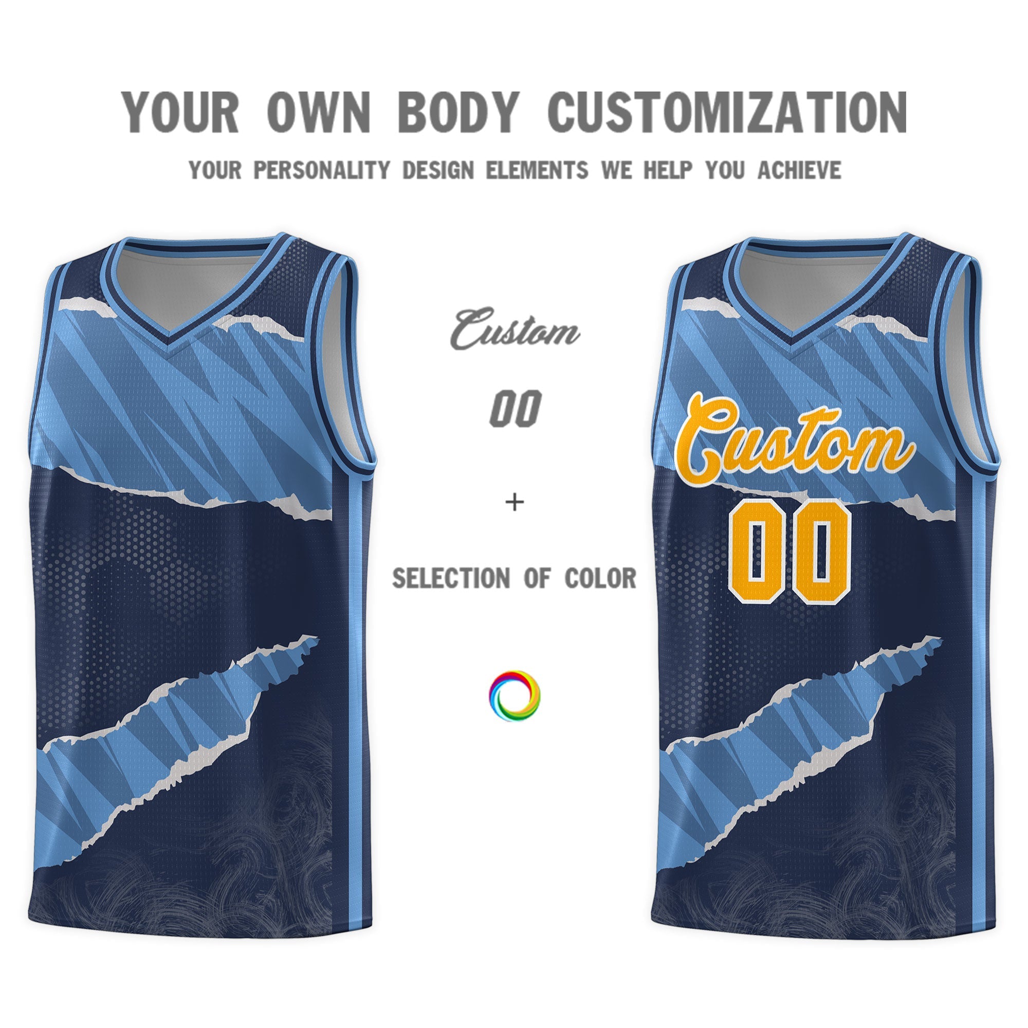 Custom Midnight Blue Light Blue-Navy Tear Graffiti Pattern Sports Uniform Basketball Jersey