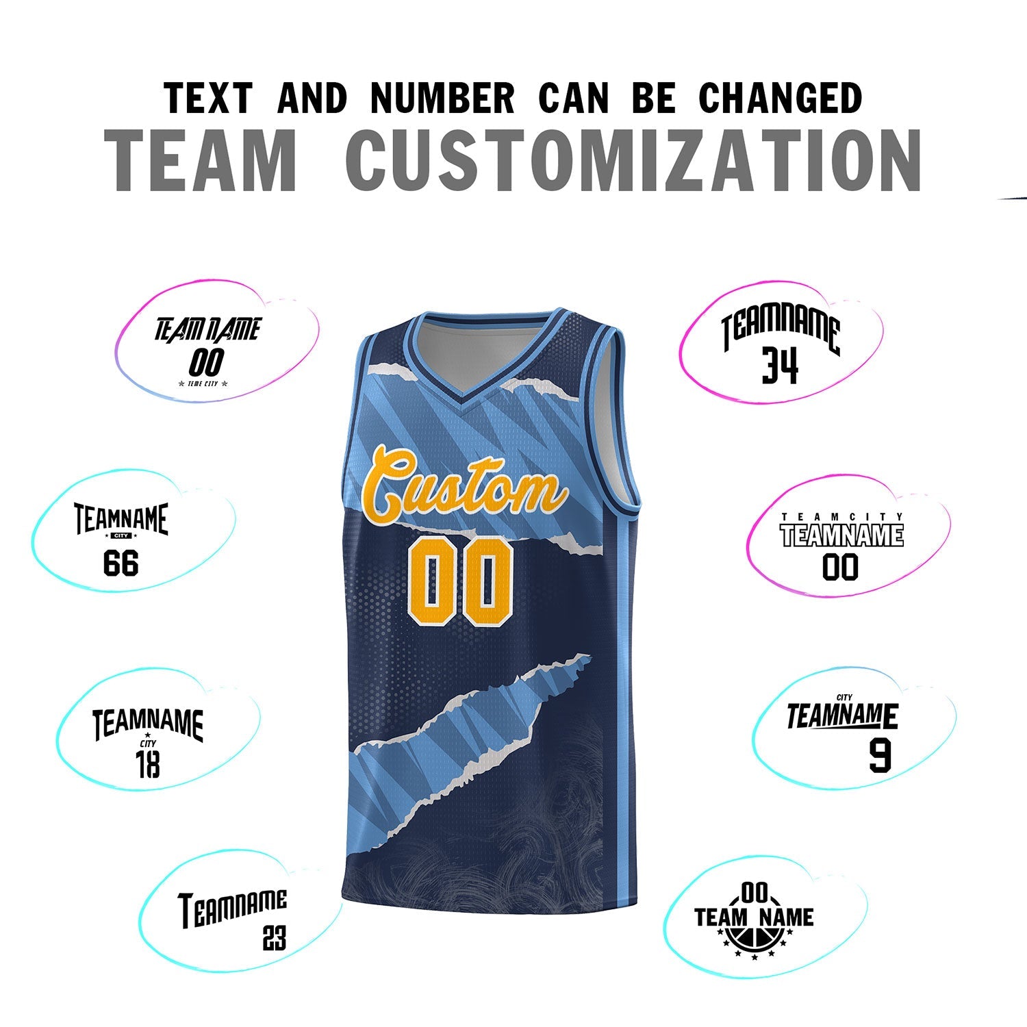 Custom Midnight Blue Light Blue-Navy Tear Graffiti Pattern Sports Uniform Basketball Jersey