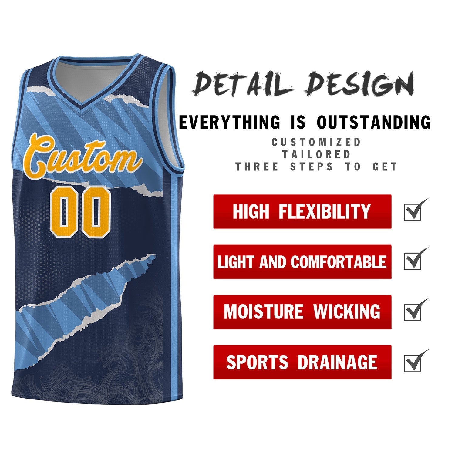 Custom Midnight Blue Light Blue-Navy Tear Graffiti Pattern Sports Uniform Basketball Jersey